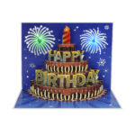 Musical birthday pop-up card with 3D layered cake and fireworks in dark blue background