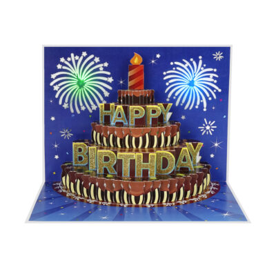 Musical birthday pop-up card with 3D layered cake and fireworks in dark blue background