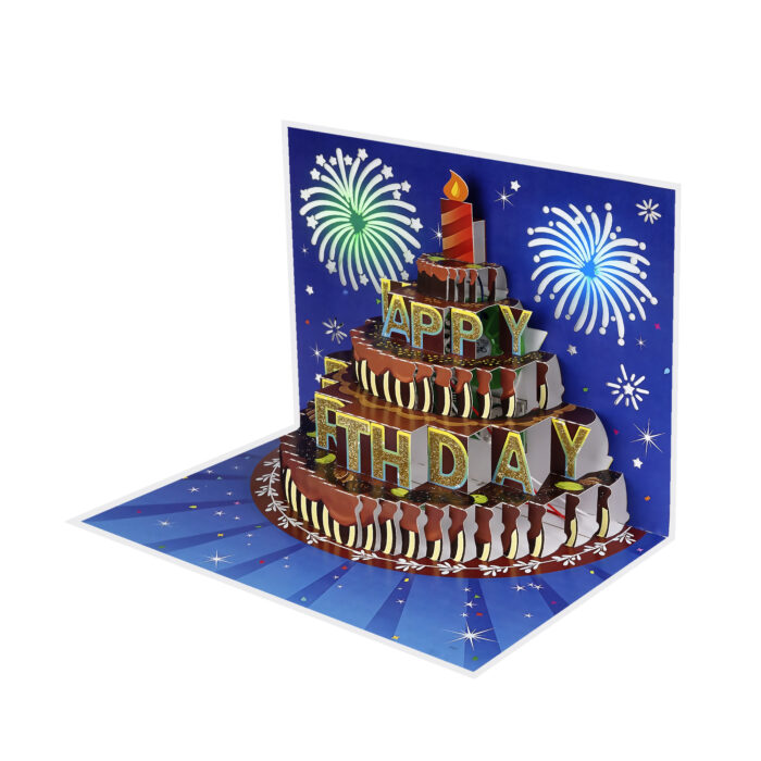 Pop-up musical birthday card with glitter cake and fireworks