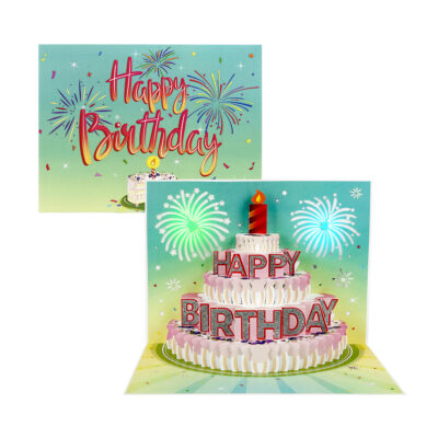 3D layered birthday cake card with Happy Birthday music and red candle