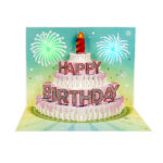 Musical birthday pop-up card with pink cake and green fireworks background
