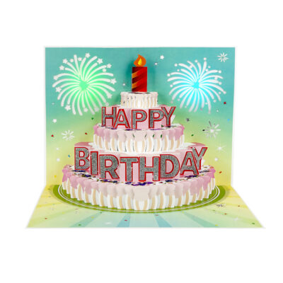 Musical birthday pop-up card with pink cake and green fireworks background