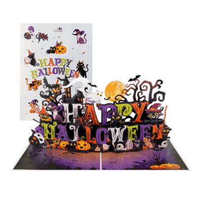 Black cats and pumpkins in Halloween pop-up card with glowing full moon and haunted trees