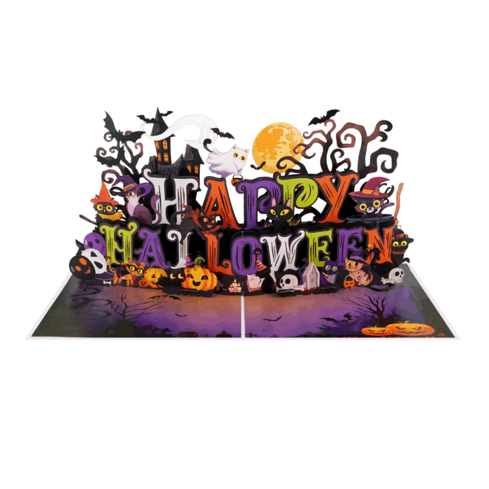 Inside view of 3D Happy Halloween Cats pop-up card with ghosts, bats, and colorful lettering