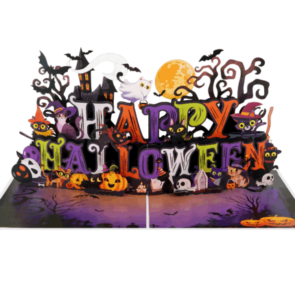 Happy Halloween Cats 3D pop-up card with black cats, pumpkins, ghosts, and haunted house