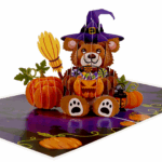 Pumpkin Bear 3D pop-up Halloween card with witch hat and pumpkins