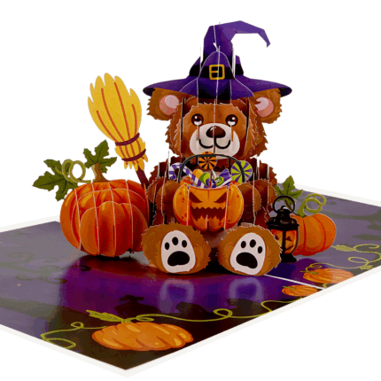 Pumpkin Bear 3D pop-up Halloween card with witch hat and pumpkins