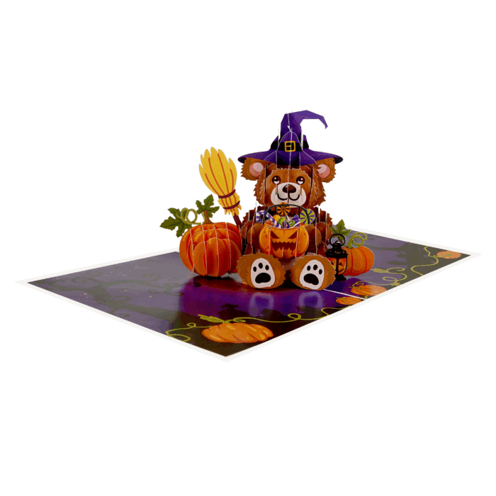Pumpkin Bear Halloween card in 3D pop-up design with bats and lantern