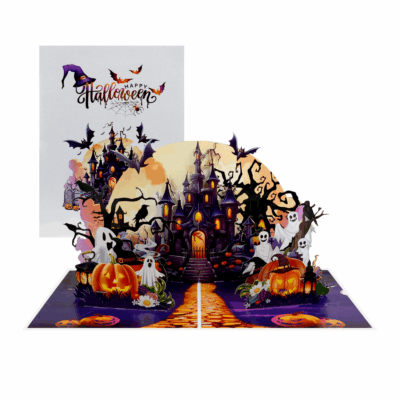 Handmade Halloween card with haunted castle, ghosts