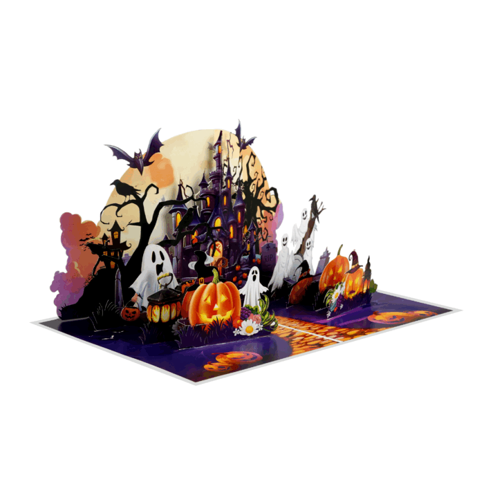 Pop-up haunted house card with spooky trees and glowing castle
