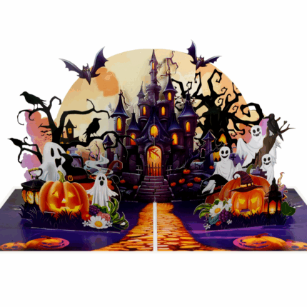 Haunted Castle 3D Halloween pop-up card with ghosts, pumpkins, bats and moonlit path