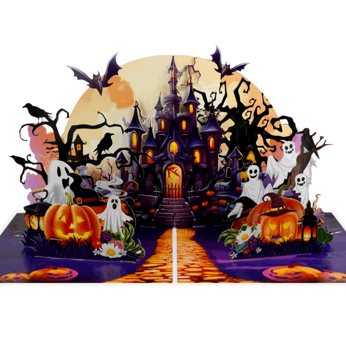 Haunted Castle 3D Halloween pop-up card with ghosts, pumpkins, bats and moonlit path