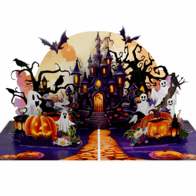 Haunted Castle 3D Halloween pop-up card with ghosts, pumpkins, bats and moonlit path