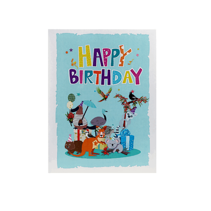 Colorful wildlife birthday pop-up card featuring native Australian animals