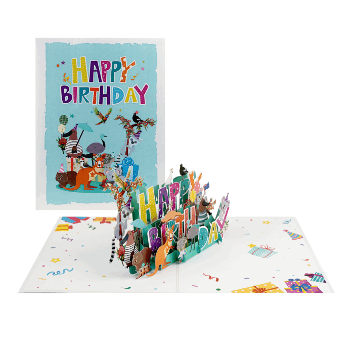 Australian animals 3D happy birthday pop-up card with kangaroo, koala