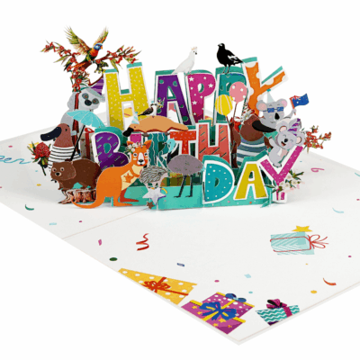Handmade happy birthday greeting card with cute kangaroo and koala pop-up