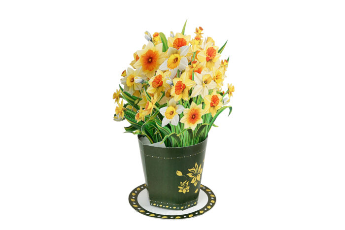 Laser-cut pop-up card with handcrafted daffodils in a small bouquet arrangement