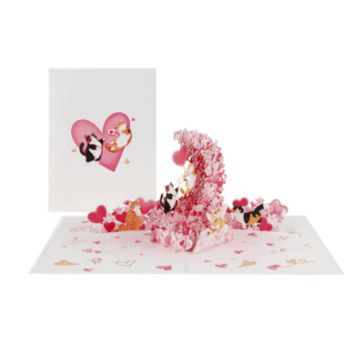 Cats in Love Pop-up Card featuring adorable cats surrounded by pink cherry blossoms and hearts