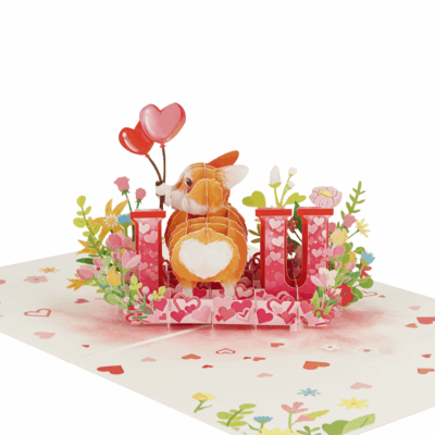 3D Corgi Love You Pop Up Card with heart balloons and pink flowers