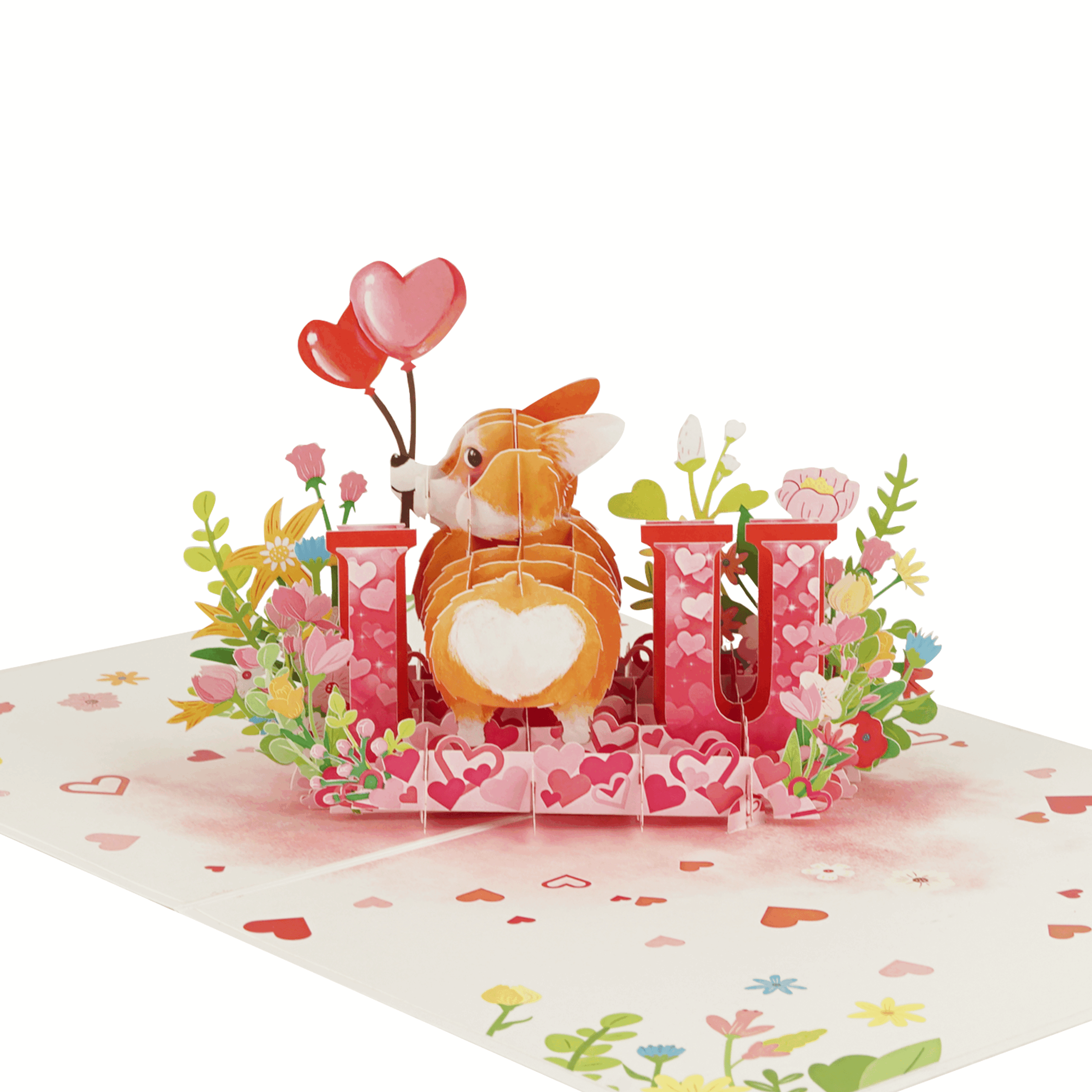 DSC04637 3D Corgi Love You Pop Up Card with heart balloons and pink flowers
