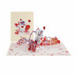 Cute 3D robot Valentine’s greeting card with hearts and clouds