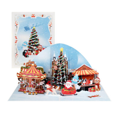 3D Christmas Town pop-up card with Santa, snowman, and market stalls
