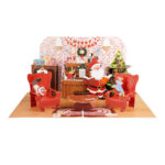 Festive greeting card with Santa in a cozy holiday room