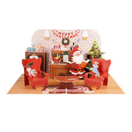 Festive greeting card with Santa in a cozy holiday room