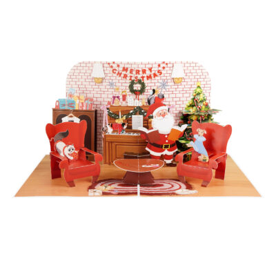 Festive greeting card with Santa in a cozy holiday room