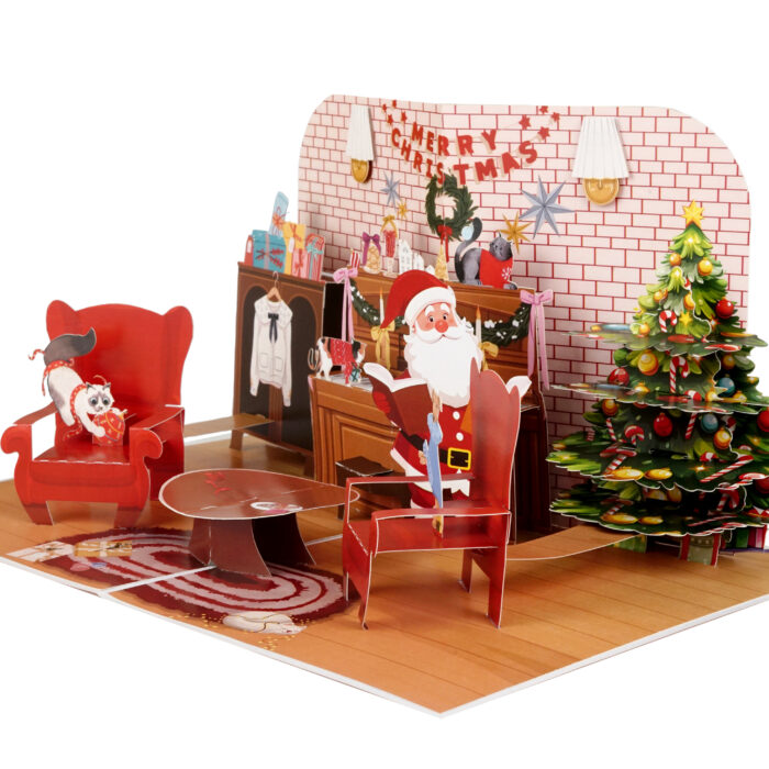 Christmas pop-up card featuring Santa and holiday decor