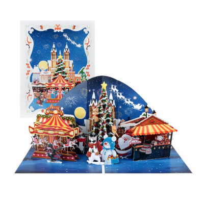 Christmas Night Pop-up Card featuring Santa, snowmen, and festive market stalls.