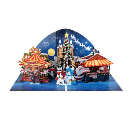 3D holiday card with Christmas night scene, carousel, and glowing tree