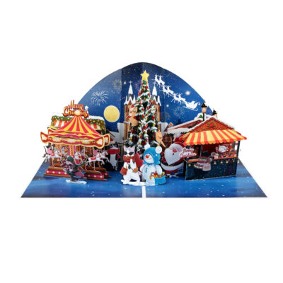 3D holiday card with Christmas night scene, carousel, and glowing tree