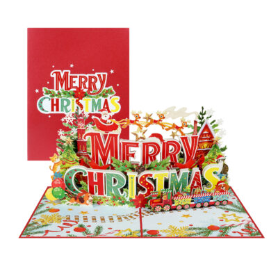 Colorful Merry Christmas 3D pop-up card with Santa and toy train