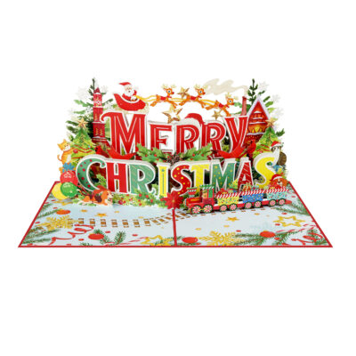 Festive holiday pop-up card featuring Merry Christmas text and decorations