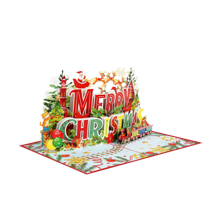Handmade 3D Christmas greeting card with vibrant colors and Santa sleigh