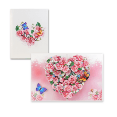 Pink Rose Heart Pop-up Card – 3D bouquet of pink roses in heart shape with butterflies