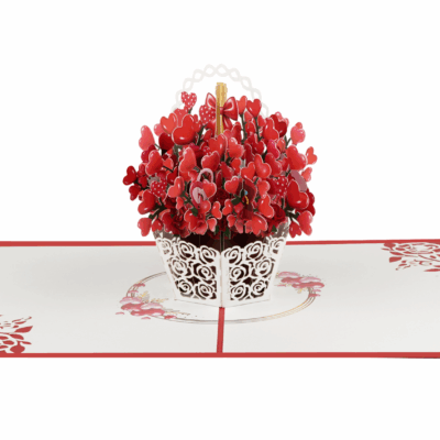Red Heart Bloom Basket Pop-up Card with 3D bouquet of heart-shaped flowers