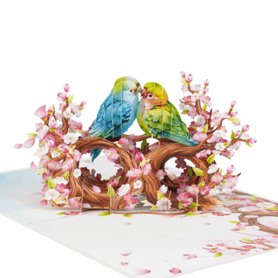 Lovebirds Couple Pop-up card with two colorful birds on blossom branch