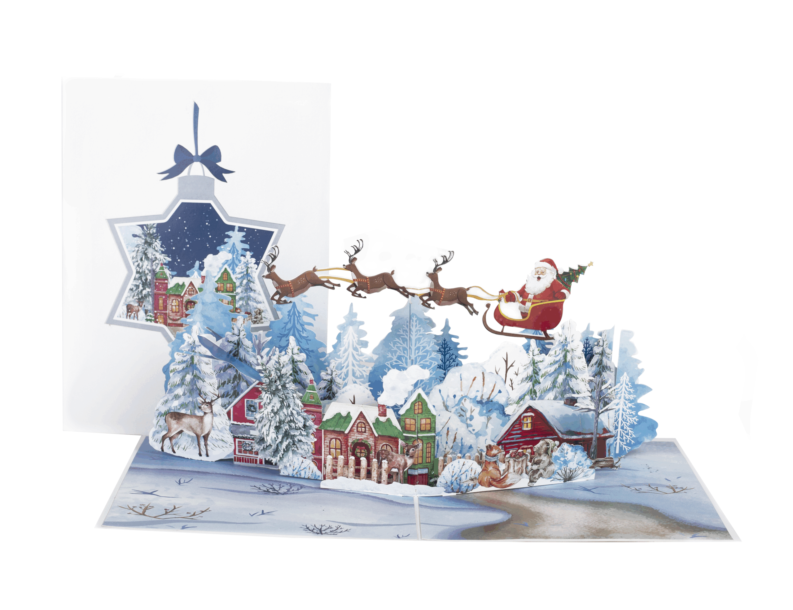 Winter Town Pop-up Christmas Card featuring Santa Claus and reindeer flying over a snowy village