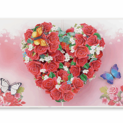 Red Rose Heart Pop-up Card – 3D heart of red roses with butterflies on pink background