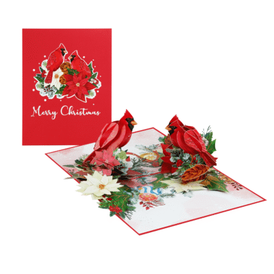 Cardinal Christmas Pop Up Card featuring two red cardinals surrounded by poinsettias