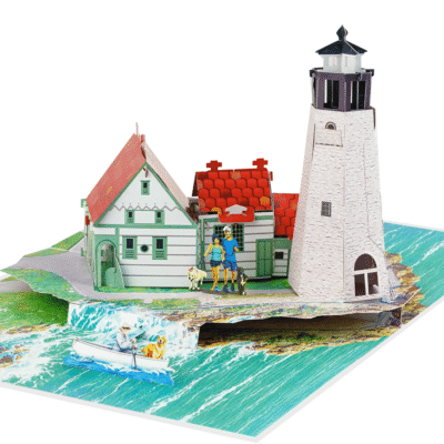 Custom Landmark Pop Up Card featuring an iconic Oregon Coast lighthouse with seaside cottages, rocky shoreline, and ocean waves.
