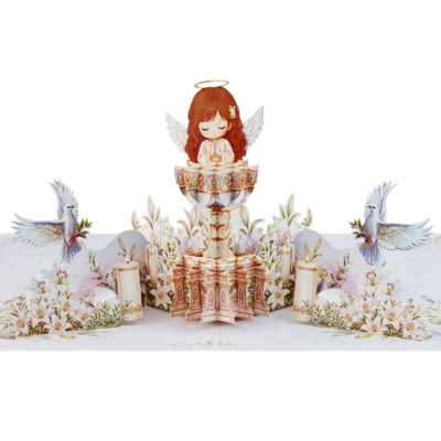 Christening Pop Up Card featuring a praying angel, baptismal altar, white lilies, candles, and doves in a handcrafted 3D baptism greeting card.