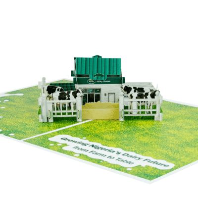 Custom Marketing Pop Up Card for Arla featuring a 3D dairy farm, cows, and milk production scene for FMCG brand storytelling and promotional marketing.