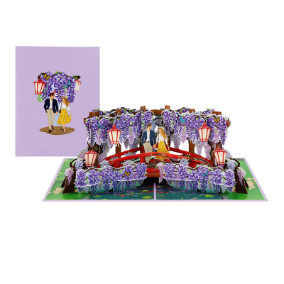 Wisteria Bridge Pop Up Card featuring a romantic couple on a red bridge surrounded by cascading purple wisteria flowers.